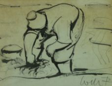 WILL ROBERTS colourwash and pencil - crouching cockle picker, signed, 16 x 21.5 cms