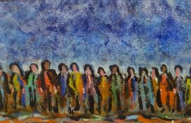 JACK JONES gouache on London 'Yellow Pages' telephone directory paper - a line of colour figures