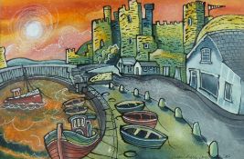 DORIAN SPENCER DAVIES watercolour/mixed media - a quirky depiction of Conwy Quay, Castle, Bridge and