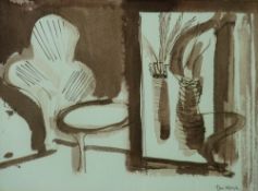 TOM NASH sepia drawing - interior scene, signed, 14 x 20 cms