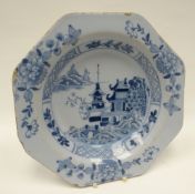 An early nineteenth century Chinese-export blue and white tin-glaze dish, 22cms diam