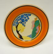 A Clarice Cliff Bizarre range 'Fantasque' landscape plate with orange border, 23cms