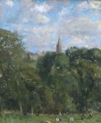 PETER KUHFELD acrylic on board (?) - cows grazing before tree-line with village beyond, entitled