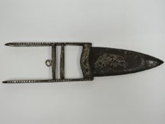 A quality Indian steel katar and scabbard with chiselled inlaid foliate and animal patterning