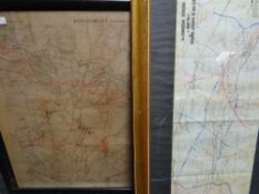 Two framed WWI trench maps, one marked '1st Canadian Division Map No.1 Shewing Advance of Aug 8