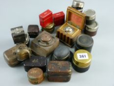 Eighteen travelling inkpots, one in the form of a bowler hat, a pair of red velum covered ink and