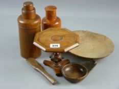 A selection of treen items including a walnut apprentice piece miniature dining table, octagonal