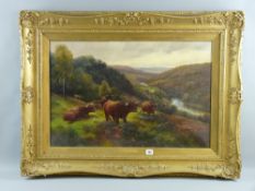 HENRY ROBINSON HALL oil on canvas - seven Highland Cattle on a wooded bank above a river valley,