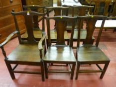 A set of six (five plus one) 18th Century oak dining chairs with waisted vase splatbacks, two