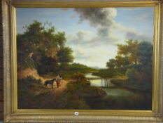 20th Century British Reproduction School oil on canvas - fine riverside scene with two huntsmen