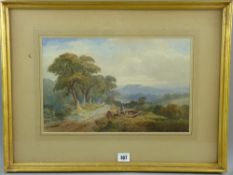 DAVID COX watercolour - lakeland landscape with figure on a track and figures seated on a felled