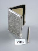 A bright cut silver lady's stamp case with bone note card and pencil, 1.7 ozs gross, Birmingham