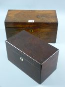 An early Victorian rosewood tea caddy of rectangular form with brass escutcheon, twin interior