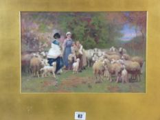 L CHIALIVA unframed but mounted, overpainted print - an attractive scene of three ladies and a child