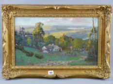 English School oil on canvas - rural scene with farmstead and figure, signed with initials, 29 x