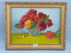 ARTHUR HAYWARD oil on board - still life, roses in a vase, signed and with title label verso with
