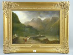 Attributed to SAMUEL BOUGH oil on canvas - Highland Loch scene with cottage and figures and pony