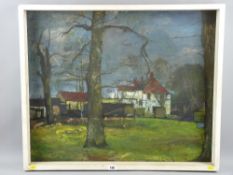 GORDON PEMBLE? oil on board - farmstead at dusk, indistinctly signed, 61 x 75 cms