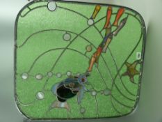 An art form leaded glass panel of stained glass fish amongst bubbles with green ripple textured