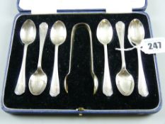 A cased set of six silver coffee spoons with sugar tongs, 3.2 ozs, Sheffield 1956/57