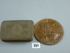 A World War One bronze death plaque for Serviceman John Peate, 12 cms diameter with a 1914 Christmas