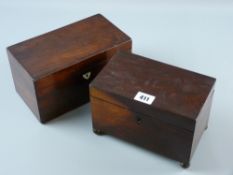 Two 19th Century mahogany tea caddies, rectangular form, one with brass ball feet, both opening to
