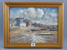 ARTHUR HAYWARD oil on board - Cornish? harbour scene with numerous boats and fluffy clouds,