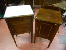 A French walnut marble topped single door night cabinet with cast corner embellishments, 81 x 43 cms