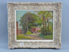 JOHN HAROLD BLAKELEY RA oil on board - rural scene, farmstead with figure on a wooded lane,
