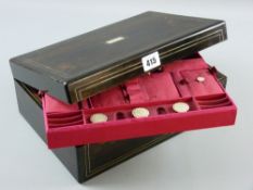A Victorian coromandel and silver line strung sewing box, original satin lined interior with multi-