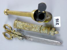 A wooden needle case, a large carpenter's pencil with hook, a brass scribe's travelling ink and