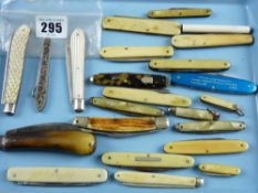 Two silver penknives, a white metal pocket hook and a parcel of approximately eighteen bone backed