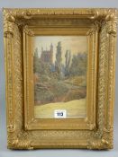 D COX (bears signature) watercolour - cathedral spire and trees, 22 x 13 cms (some scratch damage)