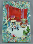 CAROLYN VERNON oil on canvas, unframed - puppet and Masons jug on a table, signed verso with