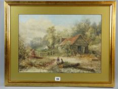 DAVID COX watercolour - rustic scene with farm buildings and two figures seated by a track, signed