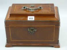 A 19th Century mahogany and inlaid tea caddy later fitted with multi-section interior, inverted