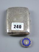 A gent's silver cigarette case with scrolled bright cut decoration, 2.5 ozs and a silver and