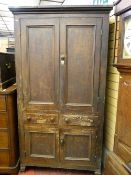 A Georgian scumbled pine cupboard, twin top doors with inset moulded edge panels, two central