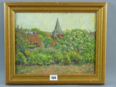 ARTHUR HAYWARD oil on board - village rooftop scene bordering an orchard, signed, 25 x 33 cms