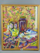 CAROLYN VERNON oil on canvas - colourful still life, jars etc on a table, signed with initials and