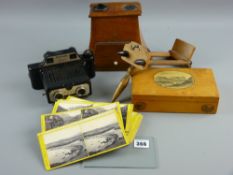 A Victorian mahogany stereoscope (front glass loose), a wooden hand held stereoscope (incomplete), a