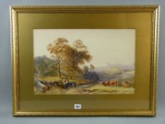 Manner of DAVID COX watercolour - rural scene with farm boy and dog on a track with nearby cattle