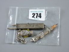 A silver chatelaine pencil holder with pencil and a plain silver oblong pendant pencil with slider