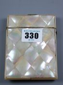 A mother of pearl card case with end hinged lid and silver mounted lid