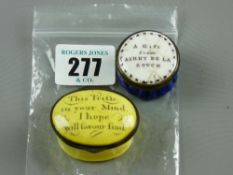 An oval yellow enamel 18th Century patch box, the lid having a mirror interior and bearing - 'This