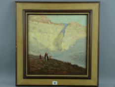 JOHN R.... oil on board - figures looking at a white faced valley, indistinctly signed, 39.5 x 39.