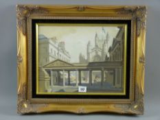 20th Century English School gouache - Bath Abbey with figures, indistinctly signed, 26.5 x 34 cms