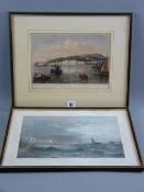 After DAVID COX coloured print of Beaumaris with boats in heavy seas, 29 x 38 cms and a 19th Century