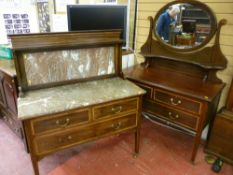 An Edwardian inlaid mahogany mirrored dressing chest and matching marble topped washstand (marble