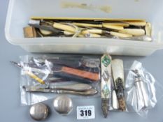 A large parcel of mainly bone handled hooks etc and a pair of silver handled manicure instruments